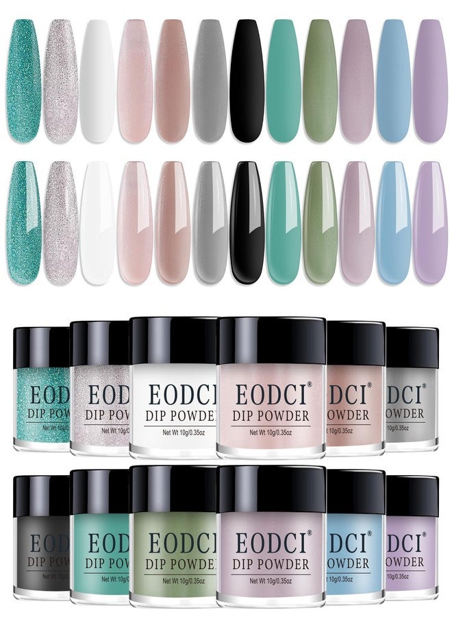 Eodci Nail Dip Powder Set, 12 Colors Glitter Silver Grey Green Purple Nail Art Starter Manicure Salon DIY at Home, 12 Bottle Dipping Powder Black White Nude No Needed Nail Lamp Cured - Image 1